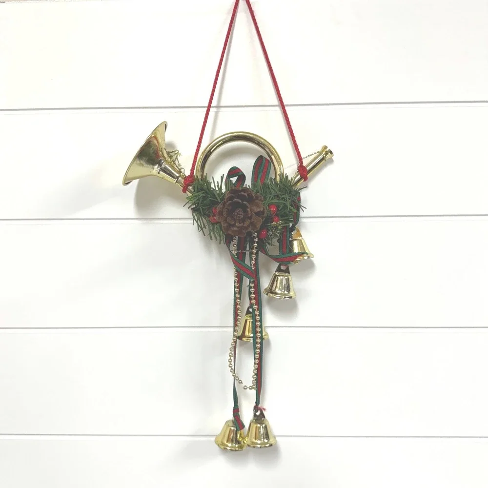 Vintage Gold Tone Christmas French Horn Wall Hanging Decor Pinecone Bells